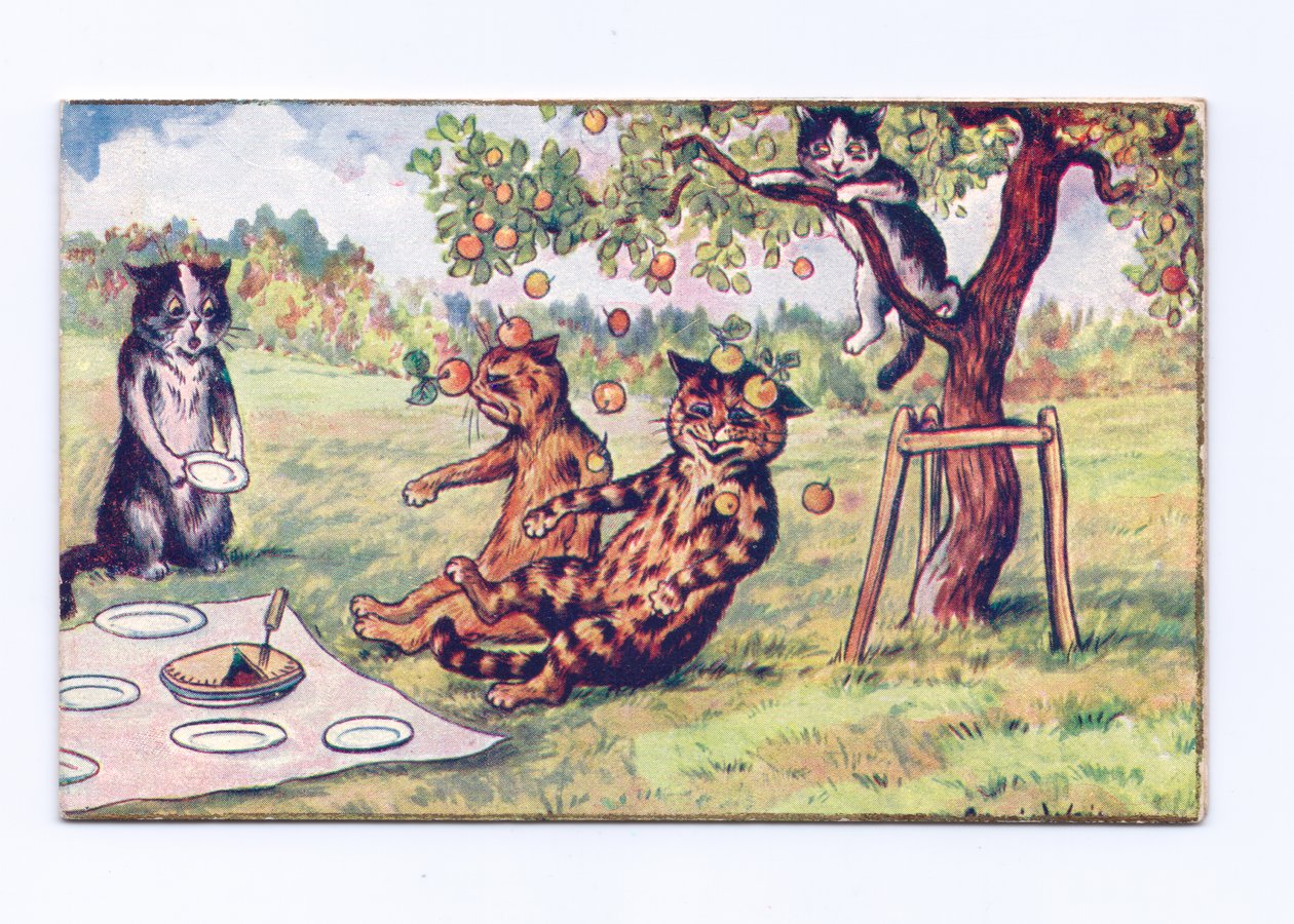 Um, vitoriano, cartão cumprimento, de, applea, queda, ligado, dois, gatos, em, um, piquenique, c.1880 de Louis Wain