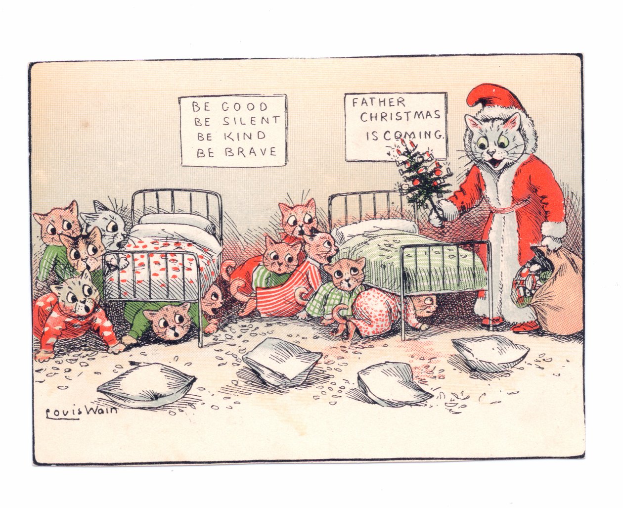 Um cartão vitoriano de gatinhos se encolhendo de medo com a visão de um gato vestido de Papai Noel, c.1880 de Louis Wain