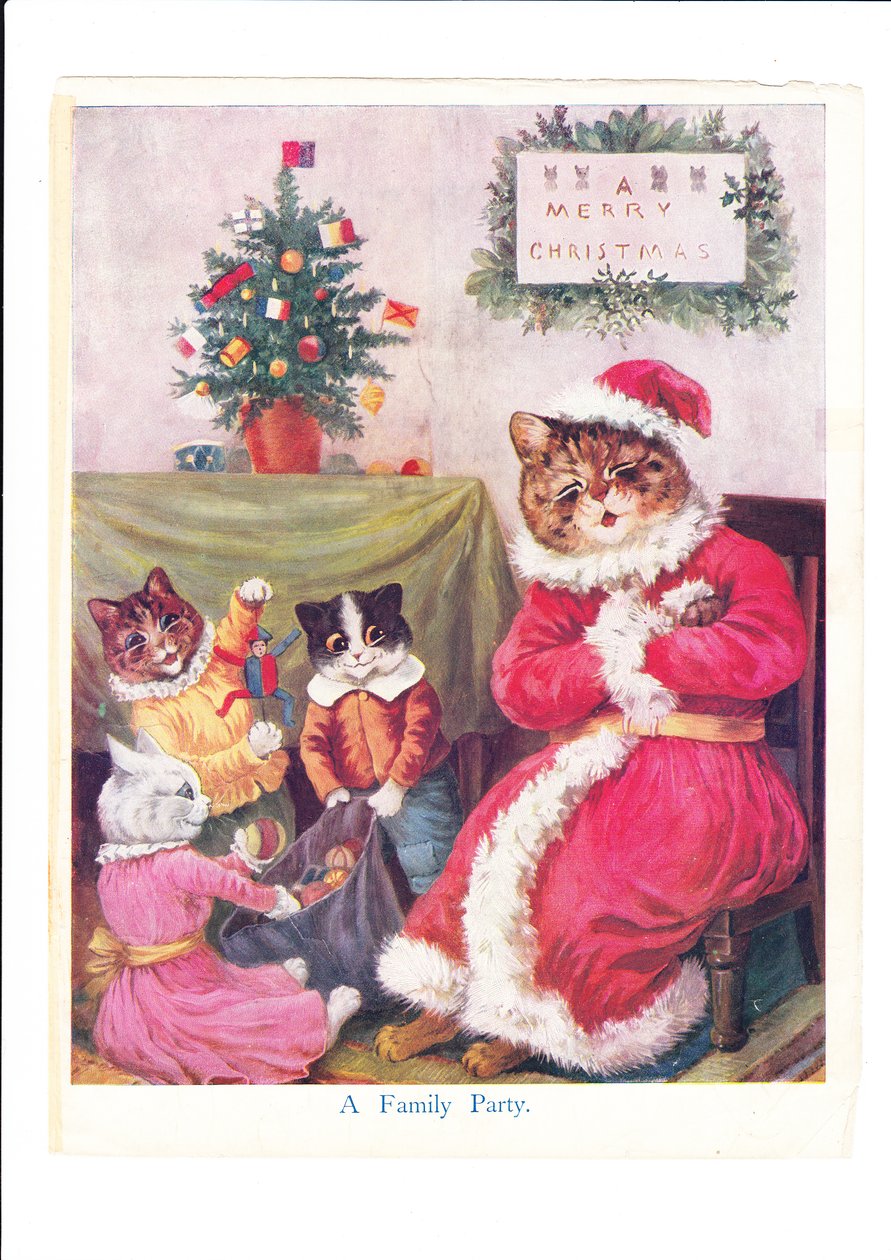 Uma impressão da festa de Natal de um gato por Louis Wain com um gato pai antropomorfizado vestido de Pai Natal rodeado por pequenos gatos e uma árvore de Natal, c.1890 (cor litho) de Louis Wain