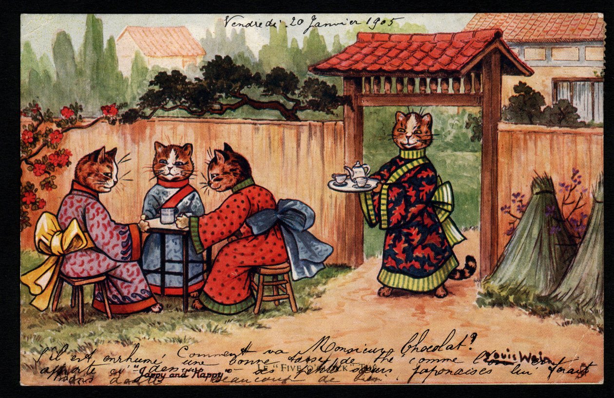 Animais em postura humana. Gato em quimono bebendo chá em um jardim japonês. Cartão postal. Chromolithograph by Louis Wain (1860-1939), um artista inglês conhecido por sua representação de gatos com olhos grandes. Início do século XX. Coleção pr de Louis Wain