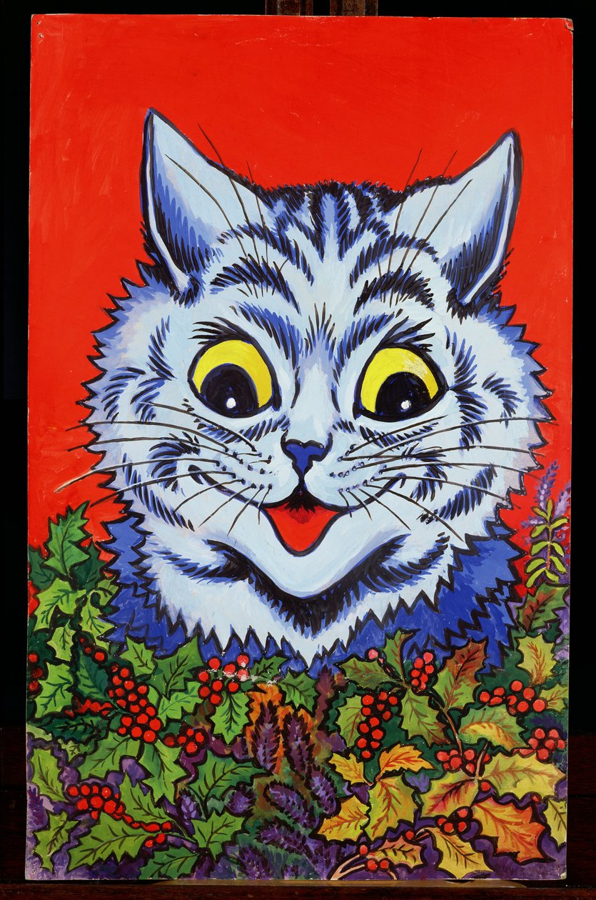 Gato em azevinho (guache) de Louis Wain