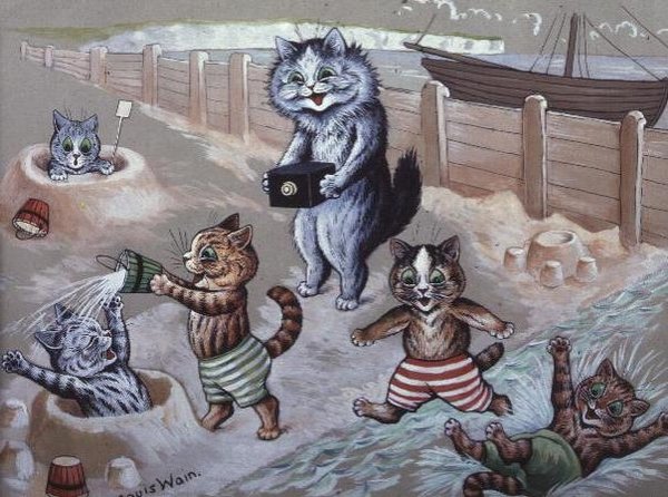 Gatos que tomam banho no mar de Louis Wain