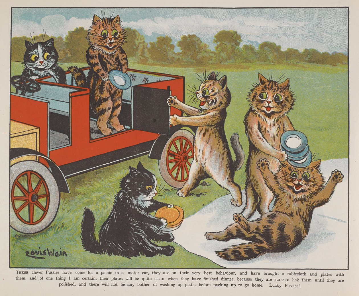 Gatos a prepararem-se para um piquenique. de Louis Wain