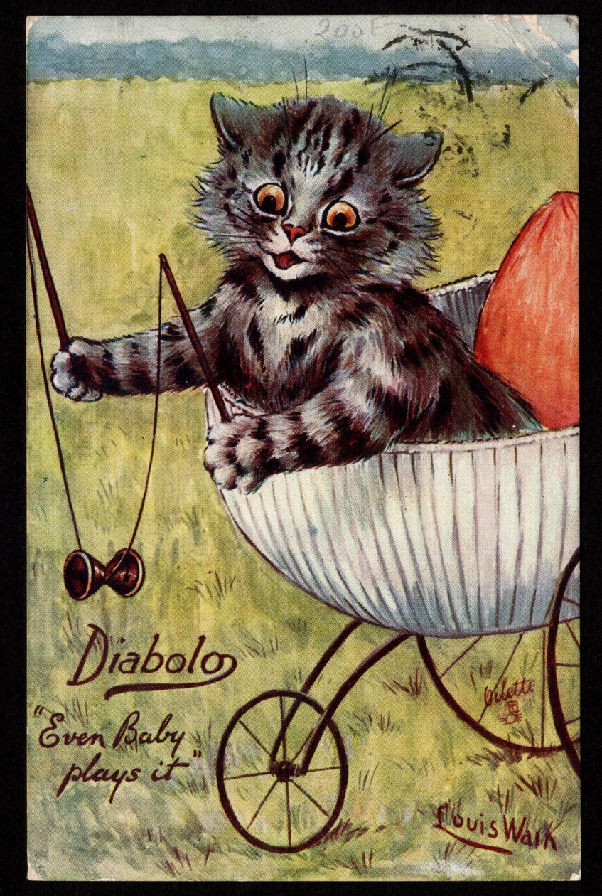 Diabolo. Até o bebé o joga. Animais em postura humana. O gatinho a brincar com um diabolo no seu berço. Cartão postal. Chromolithograph by Louis Wain (1860-1939), artista inglês conhecido por sua representação de gatos com olhos grandes. Início do século X de Louis Wain