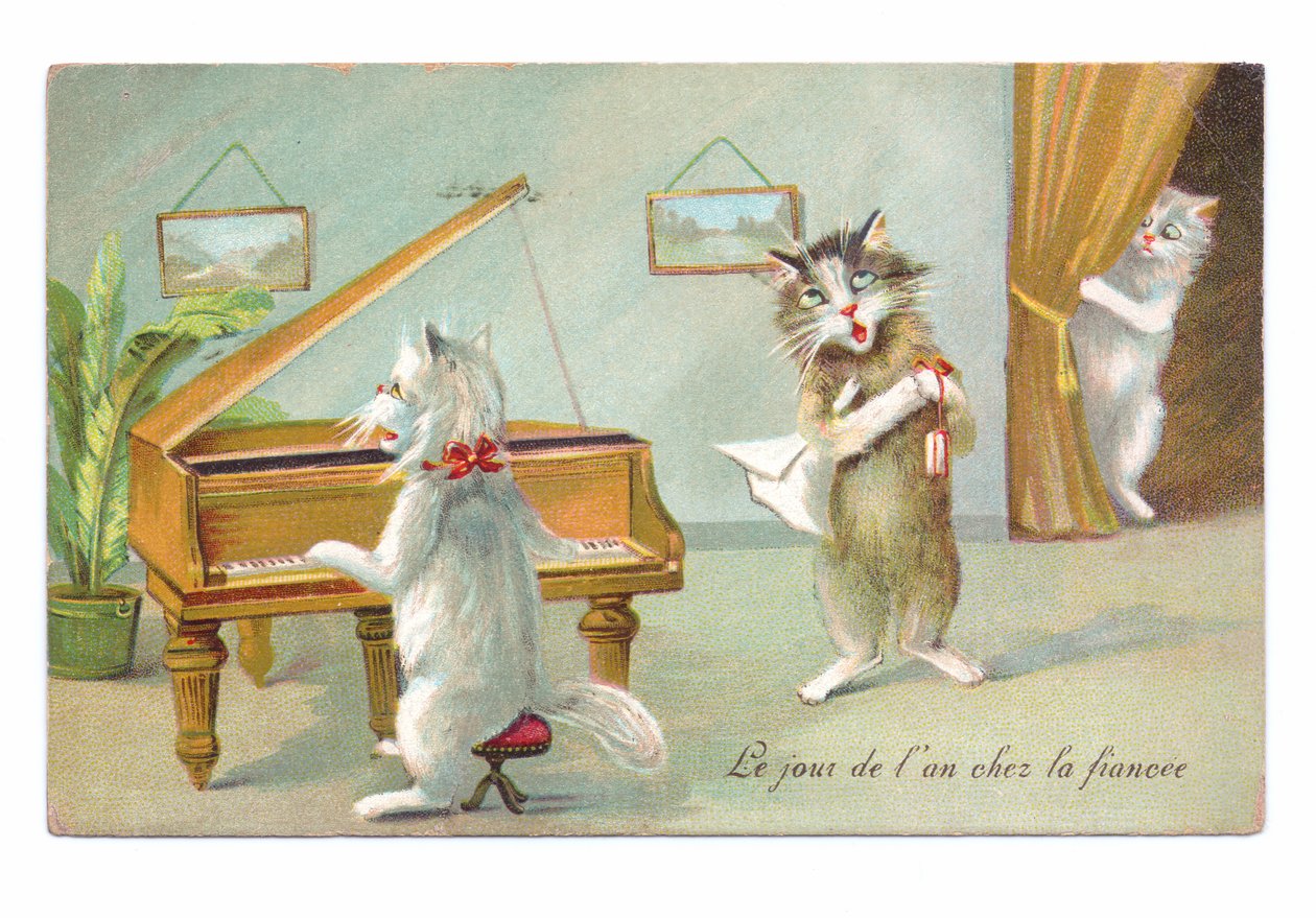 Cartão eduardiano de um gato tocando piano e outro cantando enquanto um terceiro espia c.1910 de Louis Wain