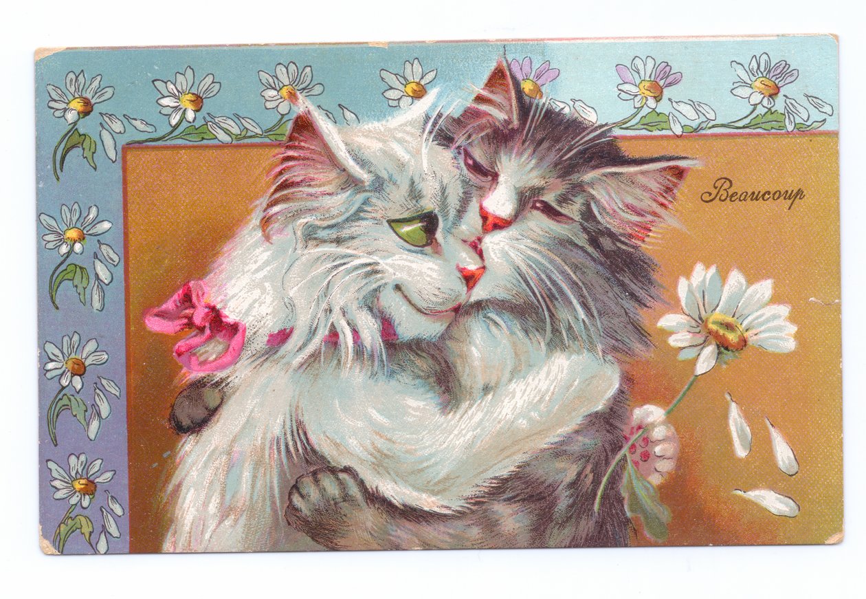Cartão eduardiano de dois gatos abraçando uns aos outros, c.1910 de Louis Wain