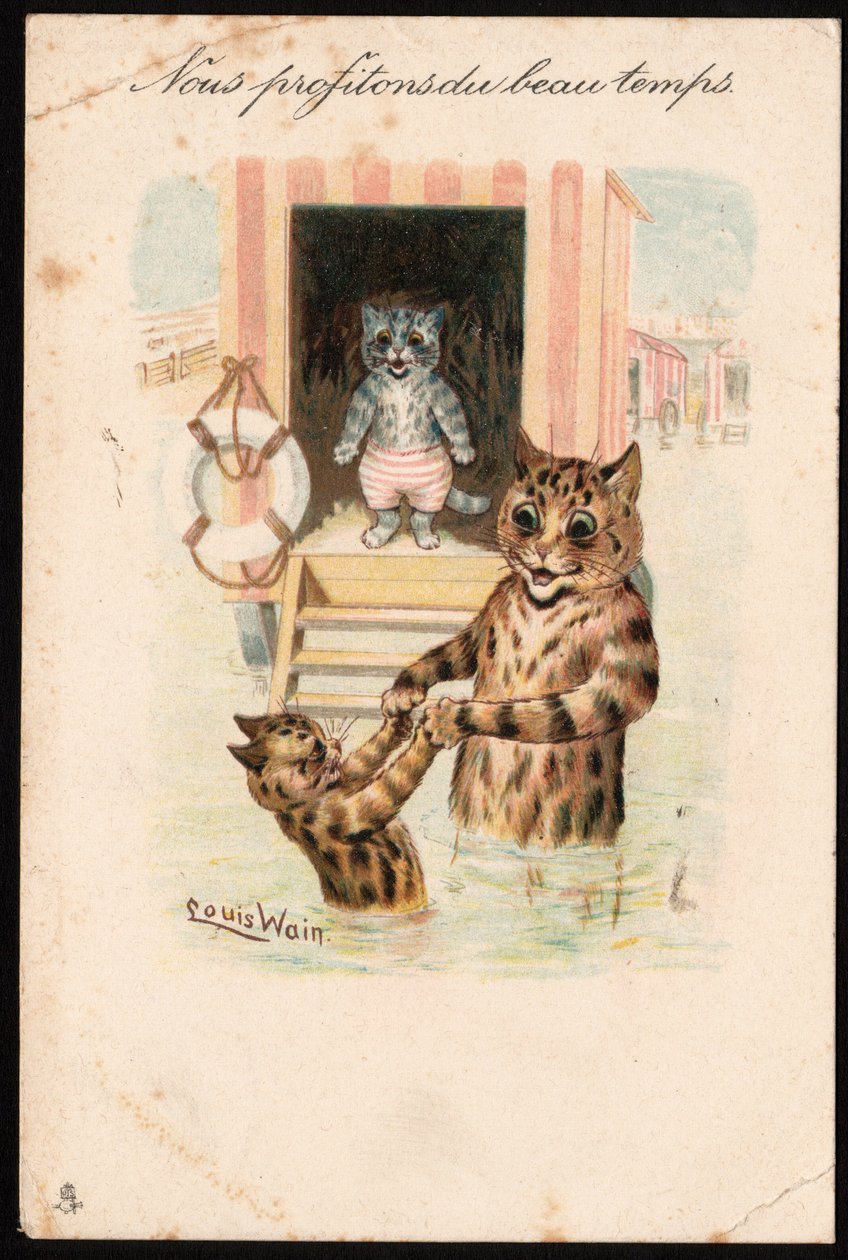 Nós gostamos do bom tempo. Animais em postura humana. Gatos a banharem-se no mar nas férias. Cartão postal. Chromolithograph by Louis Wain (1860-1939), artista inglês conhecido por sua representação de gatos com olhos grandes. Início do século XX. Coleira de Louis Wain