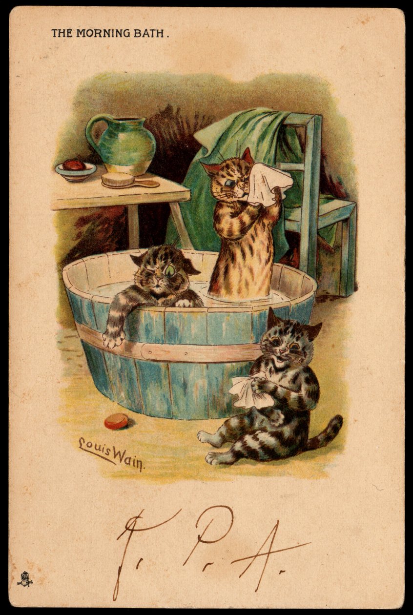 O banho matinal. Animais em postura humana. Gatos a tomar banho numa bacia. Cartão postal. Cromolitografia de Louis Wain (1860-1939), um artista inglês conhecido por sua representação de gatos com olhos grandes. Início do século XX. Recolher de Louis Wain
