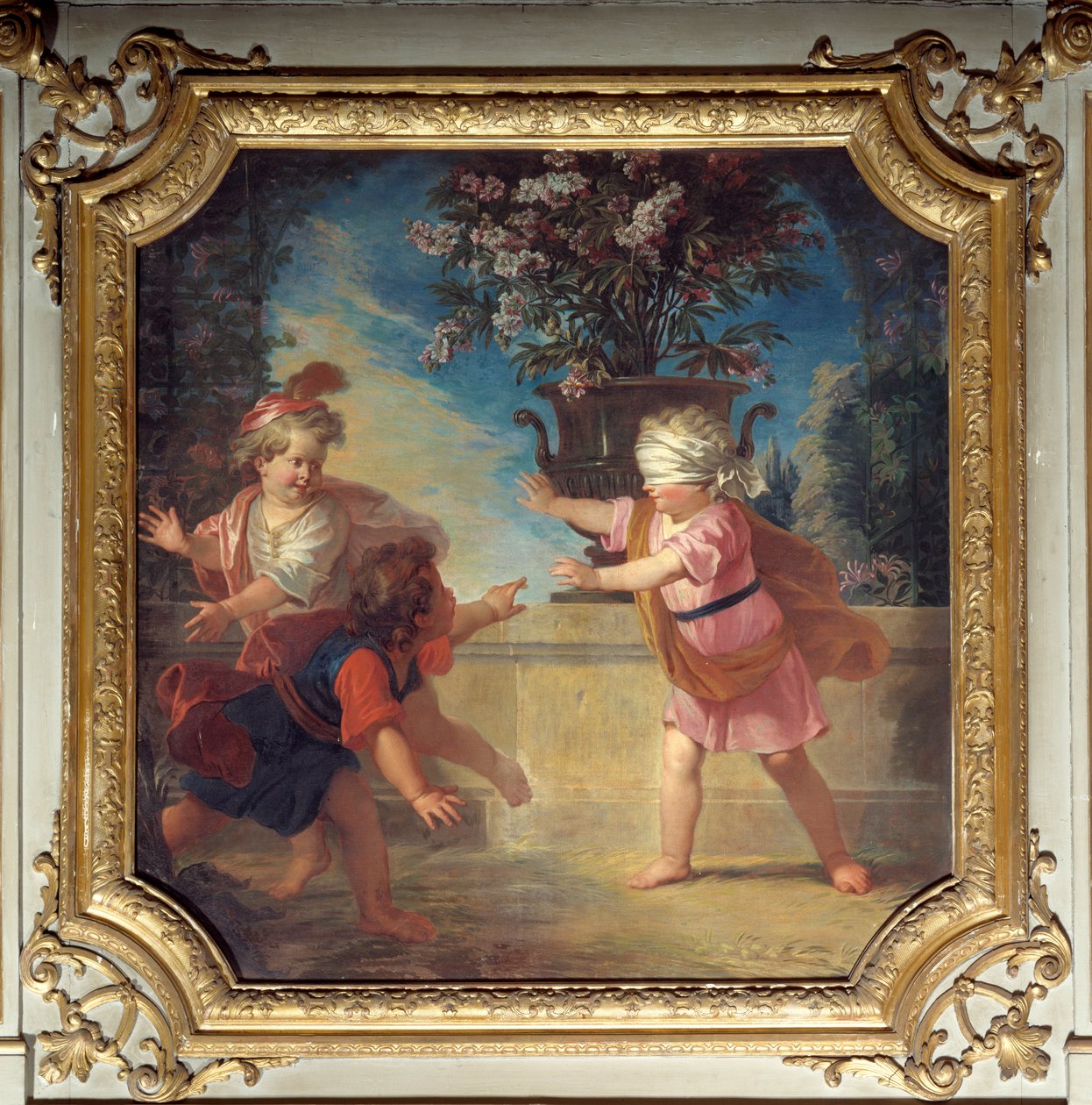 O jogo do pombo. Topo da porta pintado por Louis Boullongne Le Jeune (1654-1733) de Louis de Boullongne