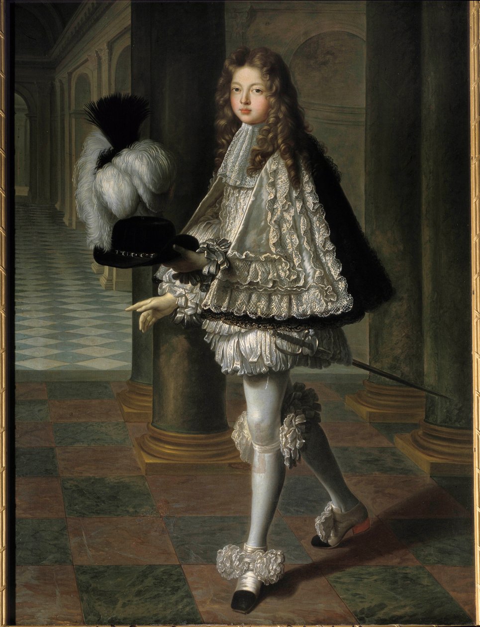 Portrait en pied de Louis Alexandre de Bourbon, conde de Toulouse em vestido de noviço do Espírito Santo (Ordem do Espírito Santo) (1678-1737), legitimite filho de Luís XIV e Françoise Athenais (Françoise-Athenais) de Rochechouart Mortemart, Marquesa do Mo de Louis de Boullogne