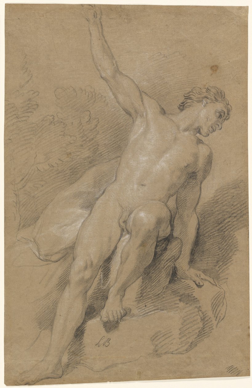Nu masculino sentado nas rochas de Louis de Boullogne the Younger