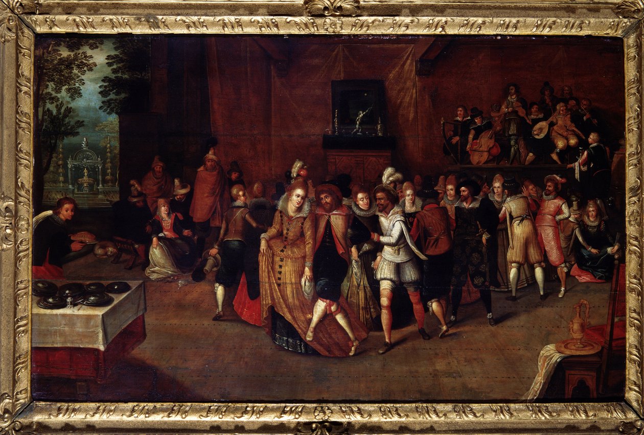 Bola na época de Henrique III, anteriormente chamada "Uma festa na corte de Henrique III", por volta de 1580. Pintura atribuída a Louis de Caulery (Caulery) (conhecido como o Mestre do Livro de Esboços de Leninegrado) (ca. 1580-ca. 1621). Final do século X de Louis de Caulery