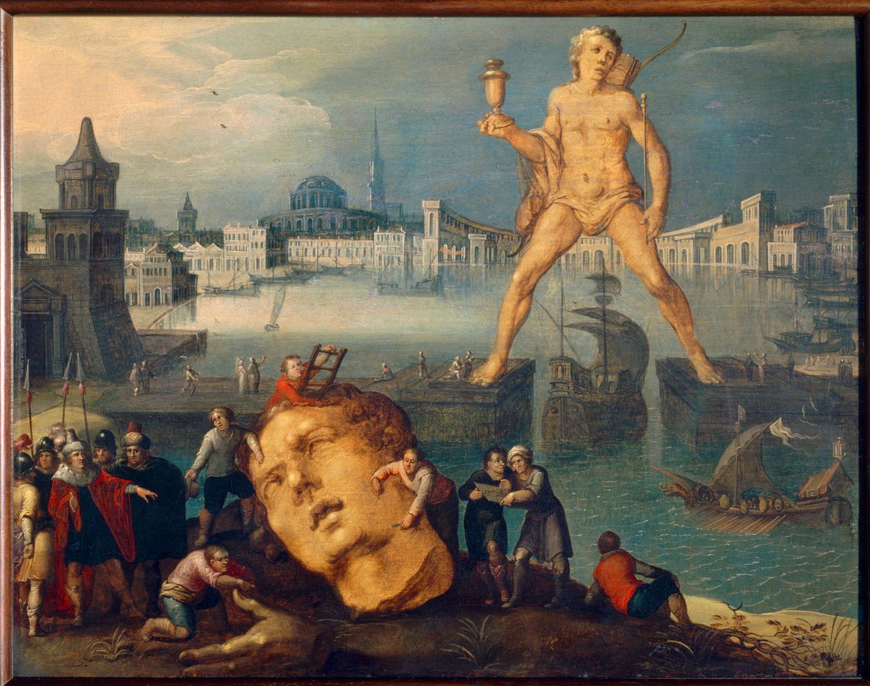 Sete Maravilhas do Mundo: "O Colosso de Rodes" (Colosso di Rodi) Pintura de Louis de Caullery (conhecido como o Mestre do Livro de Esboços de Leninegrado) (cerca de 1580- depois de 1621) Sol do século XVII. 0,35x0,46 m de Louis de Caulery