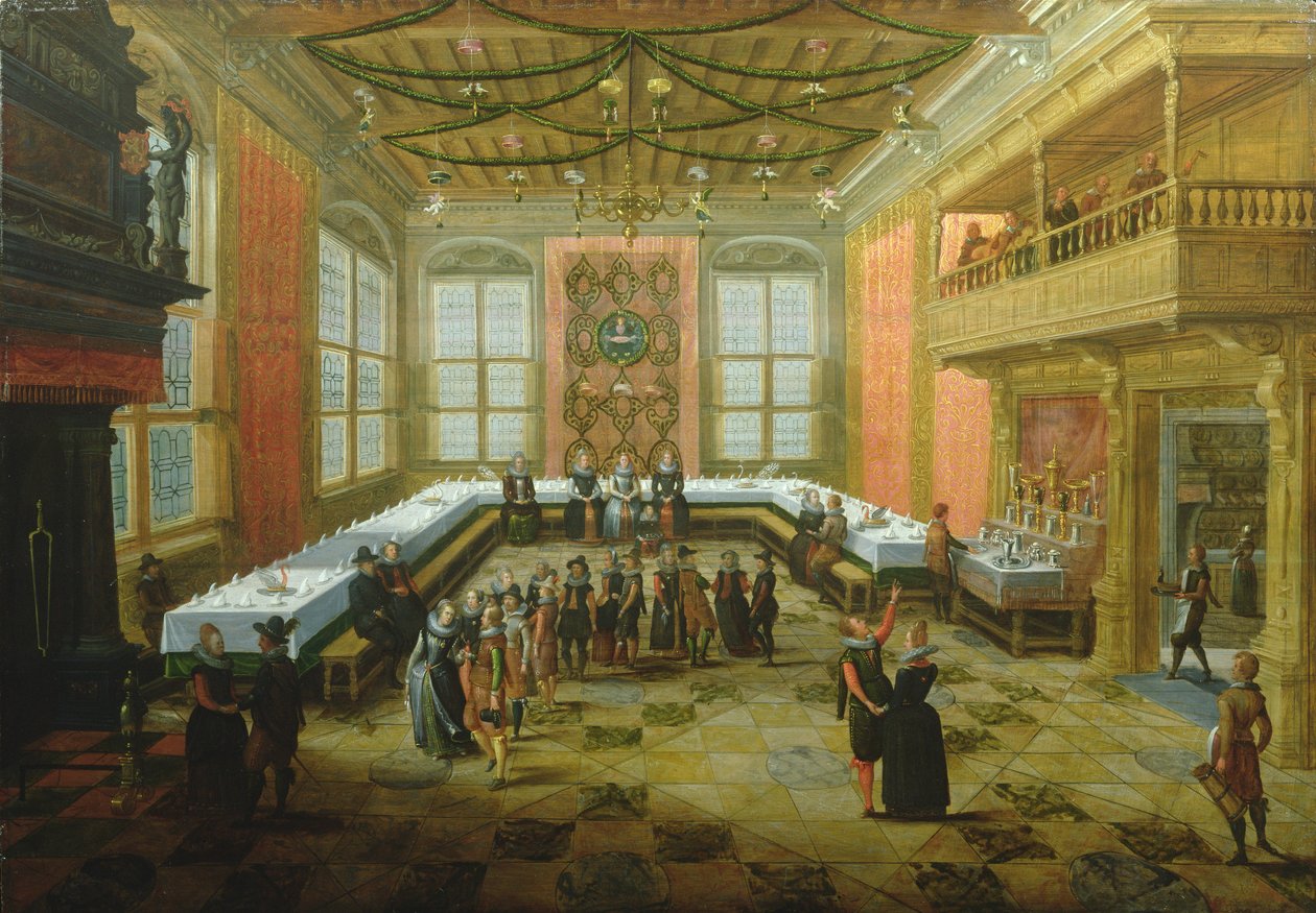 Figuras elegantes que se reúnem em um salão de banquetes de Louis de Caullery