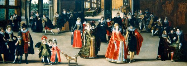 Figuras elegantes dançando em um interior (óleo sobre painel) de Louis de Caullery
