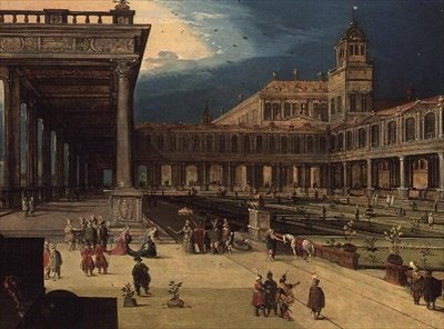 Os Jardins e Pátio de um Palácio Renascentista (painel) de Louis de Caullery