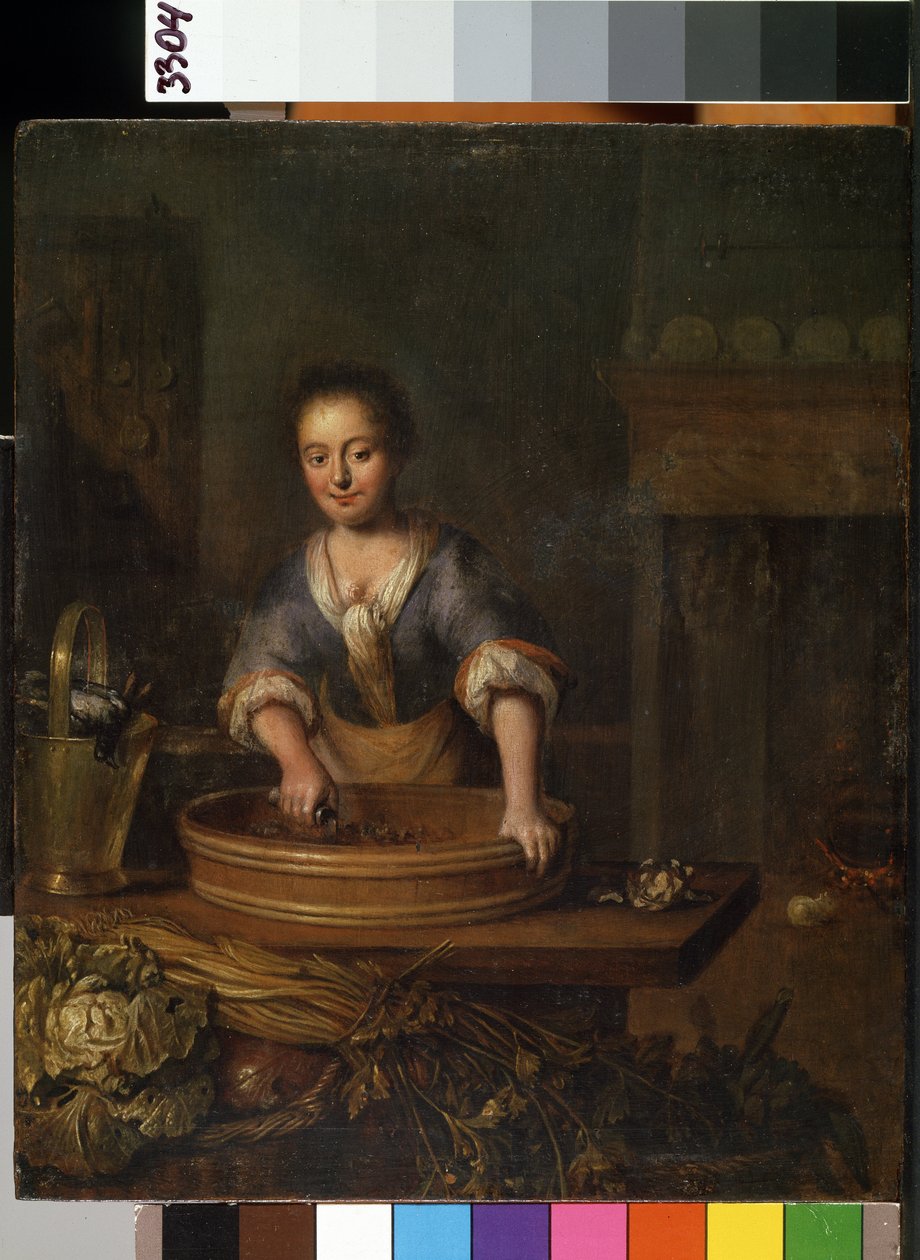 "Um jovem cozinheiro numa cozinha campestre, preparando couve. Pintura de Louis de Moni (1698-1771) Mikalojus Konstantinas Ciurlionis Museum of Fine Arts, Kaunas, Lituânia de Louis de Moni