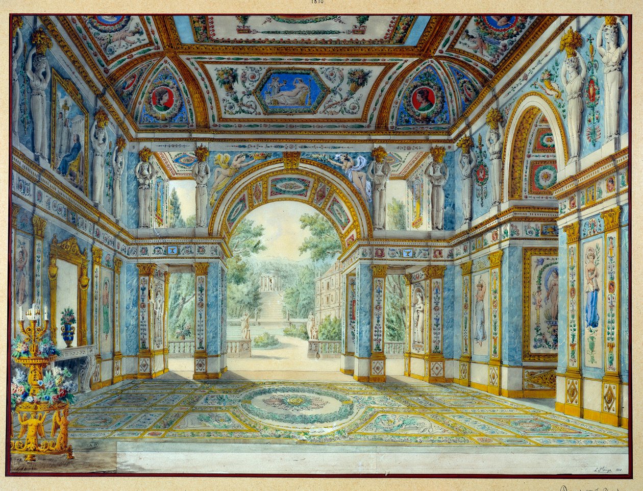 Pórtico de um palácio que se abre para um parque. Gravura de Louis De Saint Ange (1780-1831) de Louis de Saint Ange Desmaisons