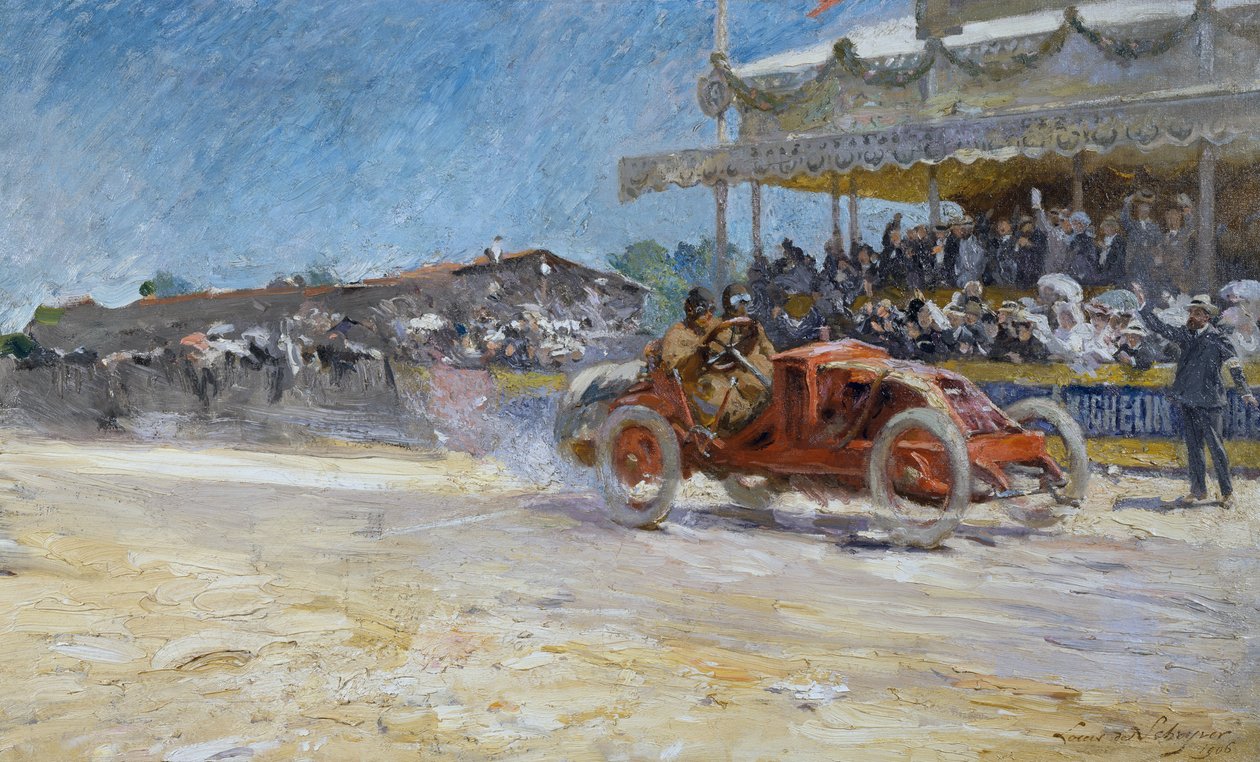 Primeiro Grande Prémio do Automóvel Clube de França em 1906, chegada do vencedor, Compiegne, França, pintura de Louis-Marie de Schryver (1862-1942) de Louis de Schryver