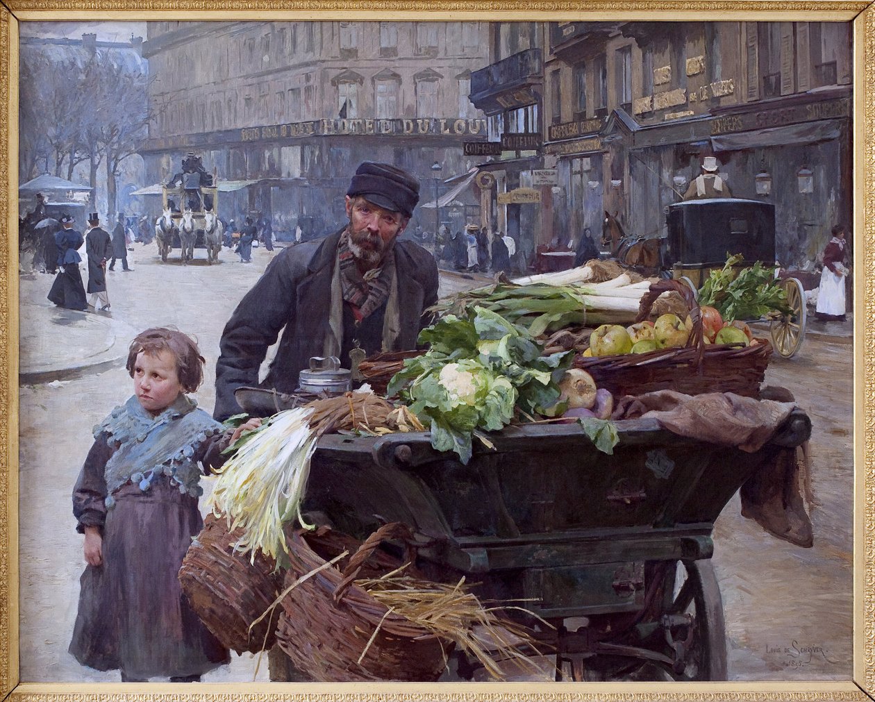 O comerciante das quatro estações em Paris. Atrás dele, o Hotel du Louvre (1º arrondissement) Pintura de Louis Marie de Schryver (1862-1942), óleo sobre tela de Louis de Schryver