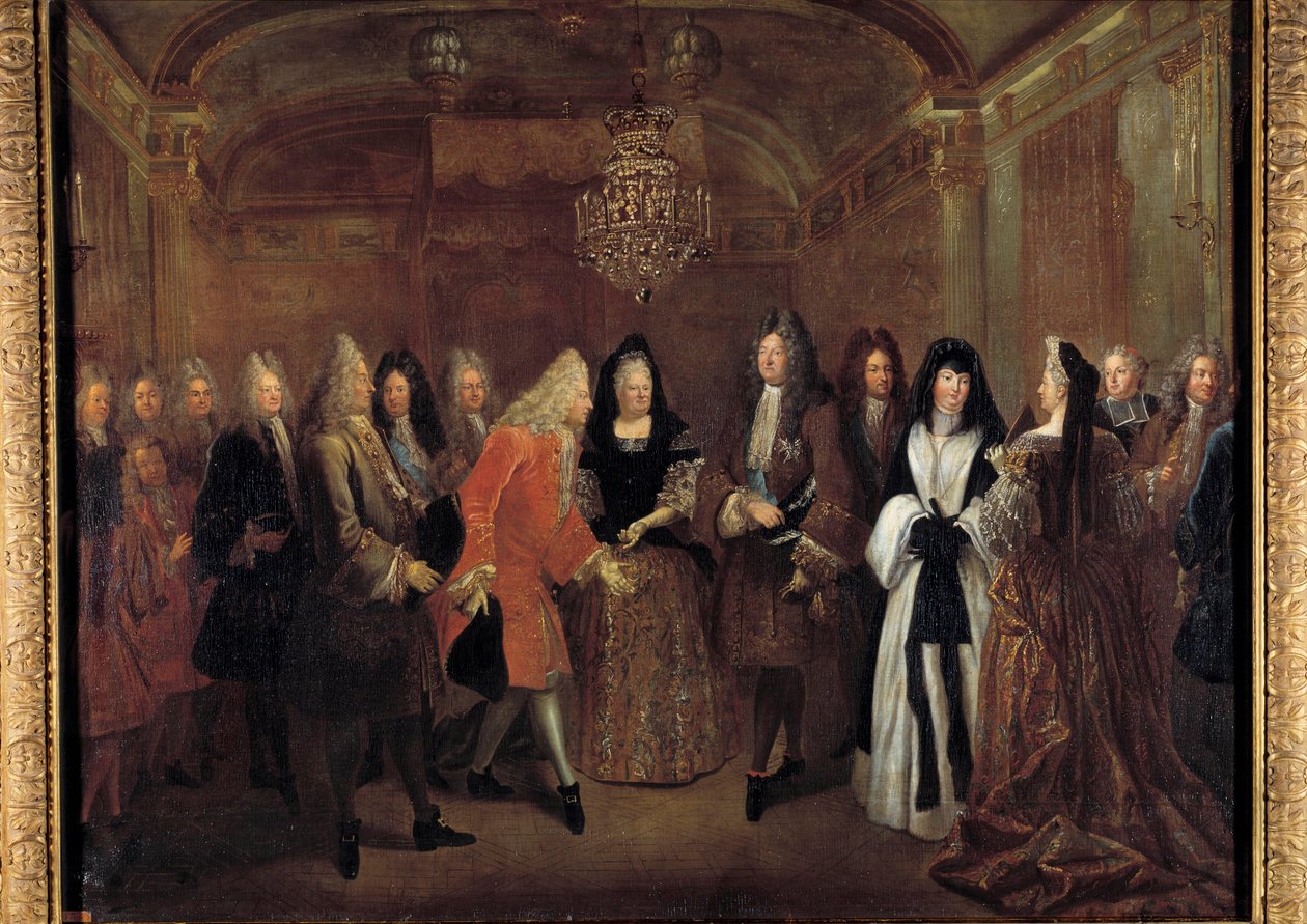 O rei Luís XIV (1638-1715) recebeu o príncipe Frederic Augustus da Saxônia de Elizabeth Charlotte d