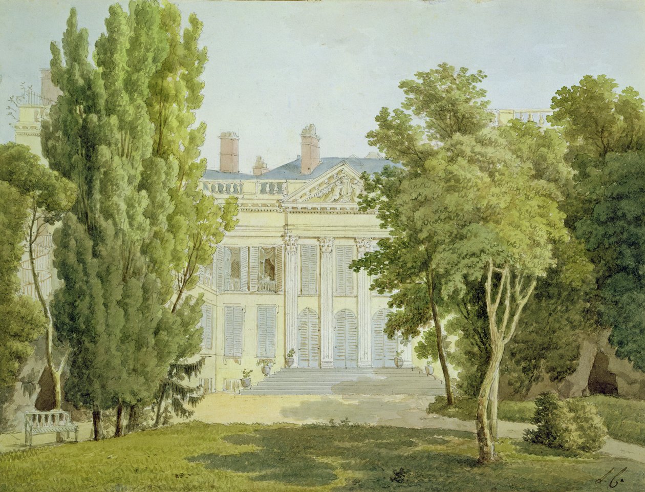 Vista da Maison de la Reine, Paris, 1811 (giz preto e wc no papel) de Louise Cochelet