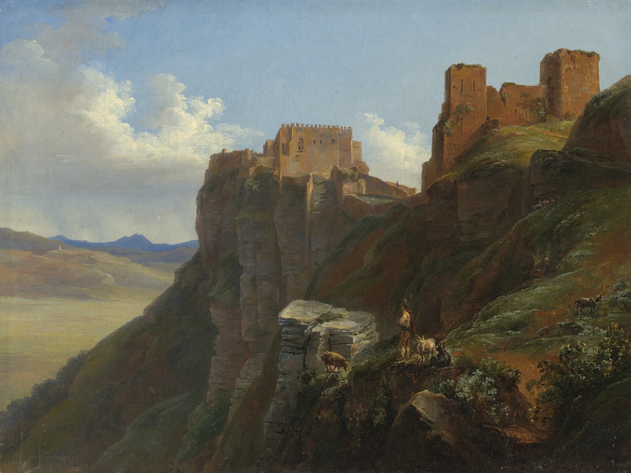 Vista do Castelo de San Giuliano, perto de Trapani, Sicília, c.1824-6 de Louise Josephine Sarazin de Belmont