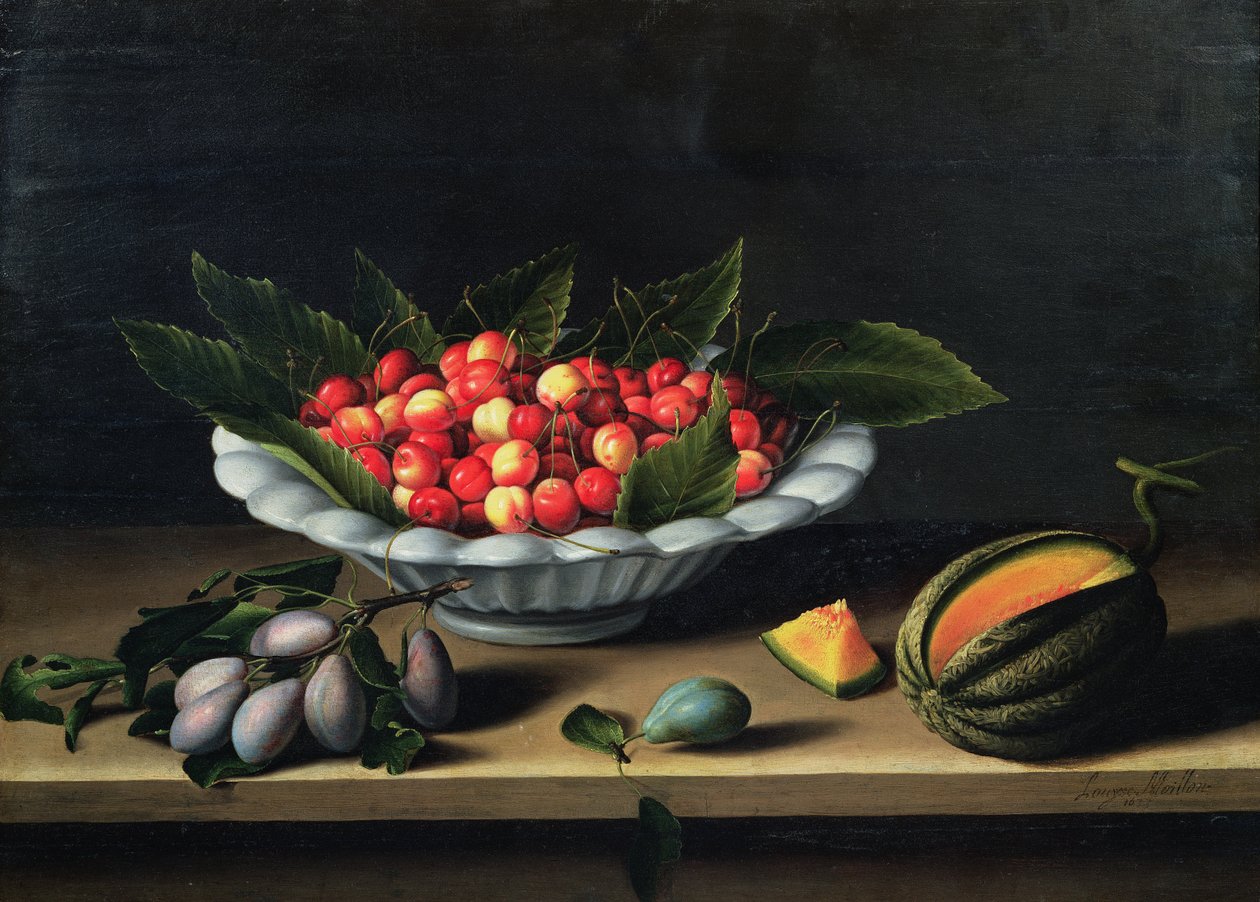 Uma tigela de cerejas com ameixas e um melão, 1635 de Louise Moillon