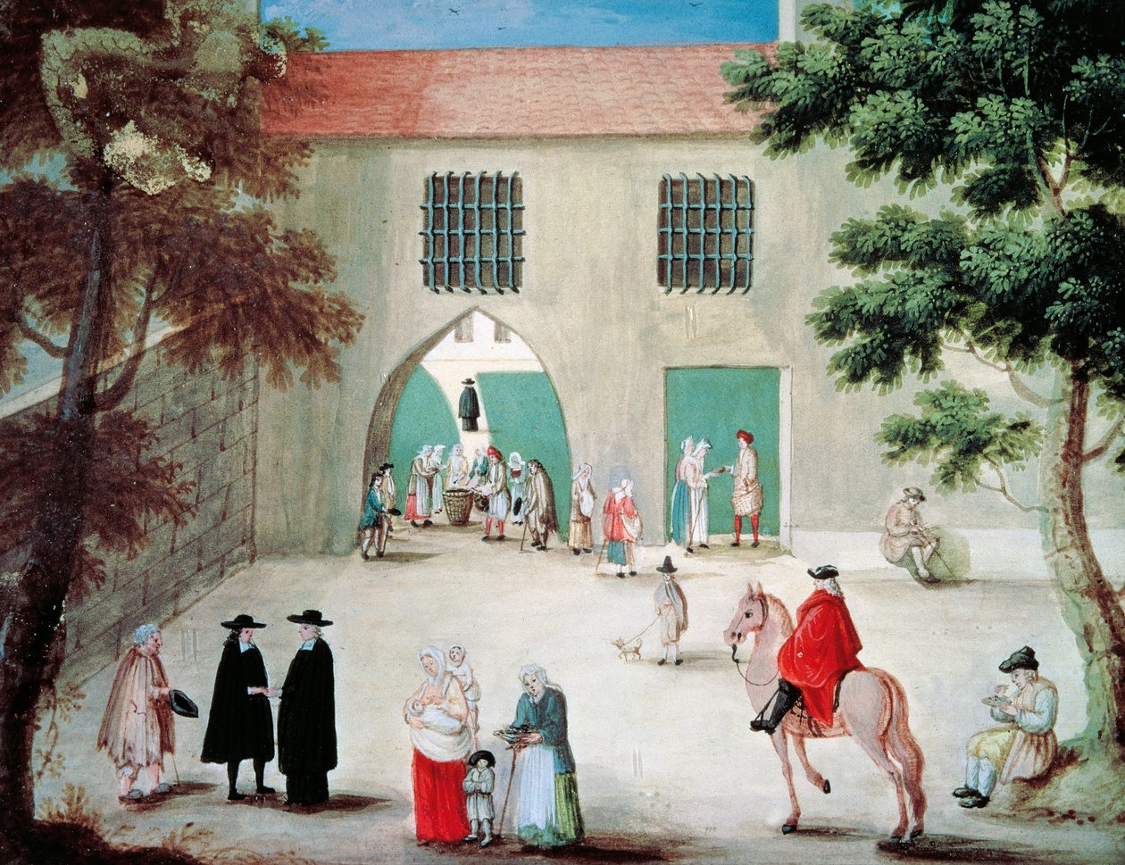 Assistência aos pobres em frente à abadia de Port-Royal des Champes, de Louise-Magdeleine Hortemels (1688-1767), gouache, França de Louise Magdeleine Hortemels