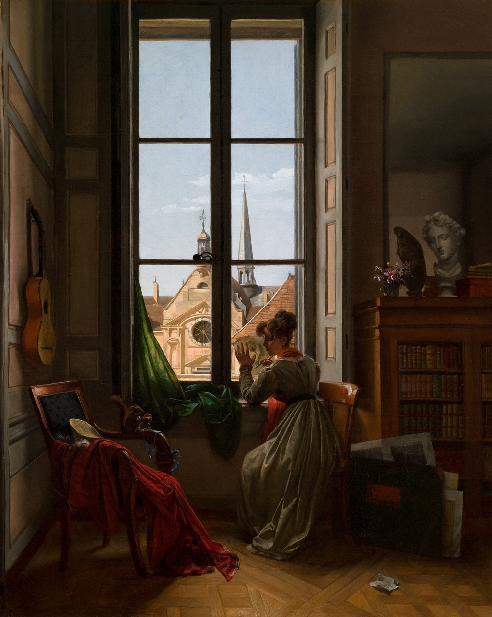 Interior com uma jovem mulher a traçar uma flor, c.1820-22 (óleo sobre tela) de Louise Adeone Droelling