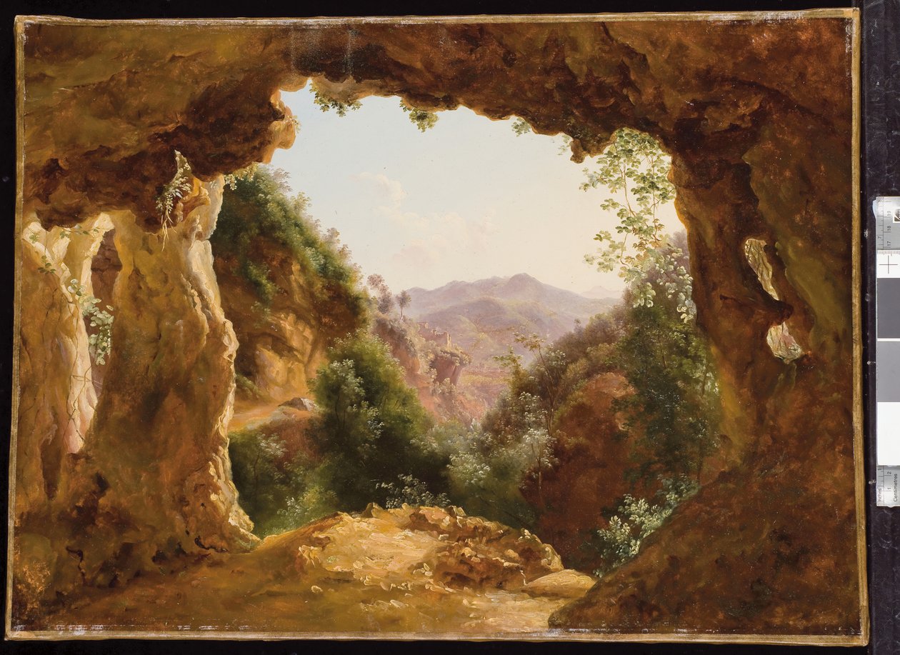 Uma caverna em uma paisagem rochosa (óleo sobre papel montado na tela) de Louise Josephine Sarazin de Belmont