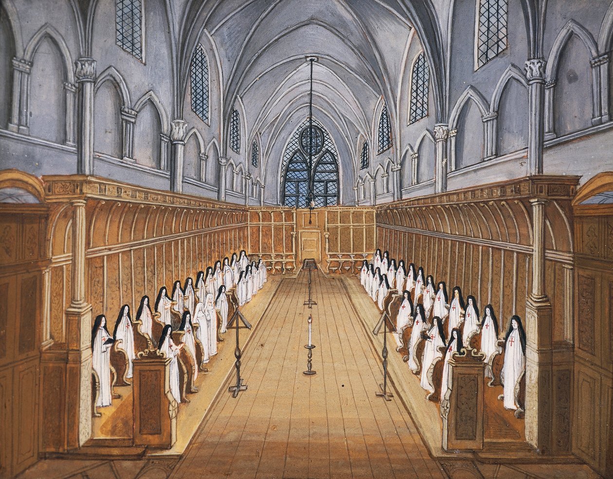 Abadia Port-Royal des Champs, coro de freiras na igreja (desenho) de Louise Magdeleine Hortemels
