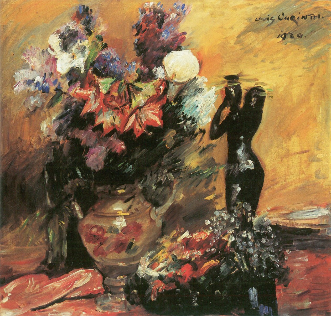 Calla e lilás com figura de bronze de Lovis Corinth