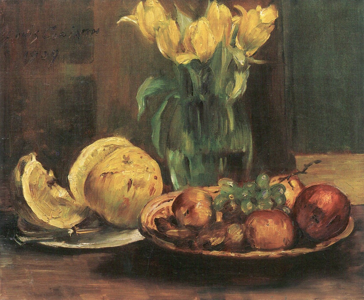 Ainda vida com tulipas amarelas, maçãs e grapefruitn de Lovis Corinth