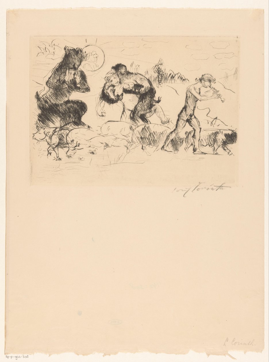 Satyrs, uma ninfa, um fauno e um bando de porcos de Lovis Corinth (signed by artist)