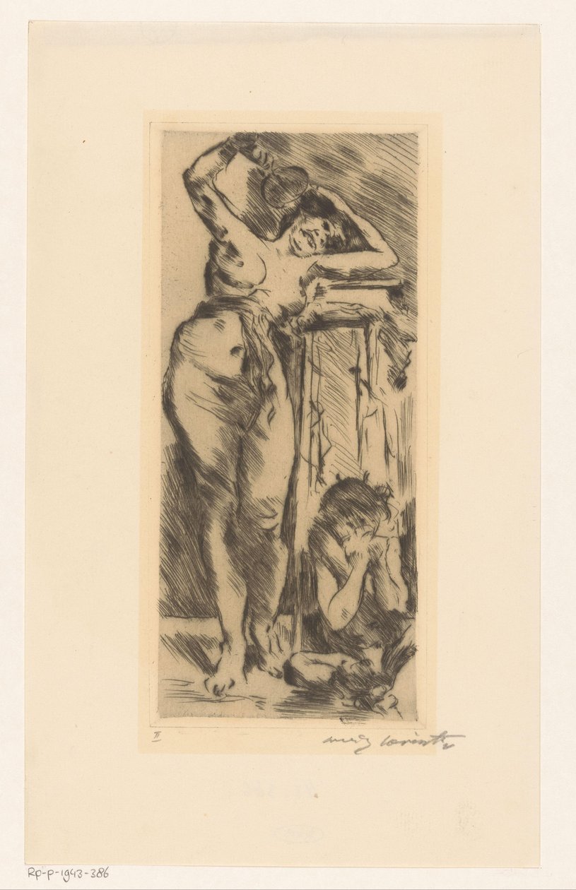 Nu feminino com leque na mão e uma figura agachada à direita de Lovis Corinth (signed by artist)