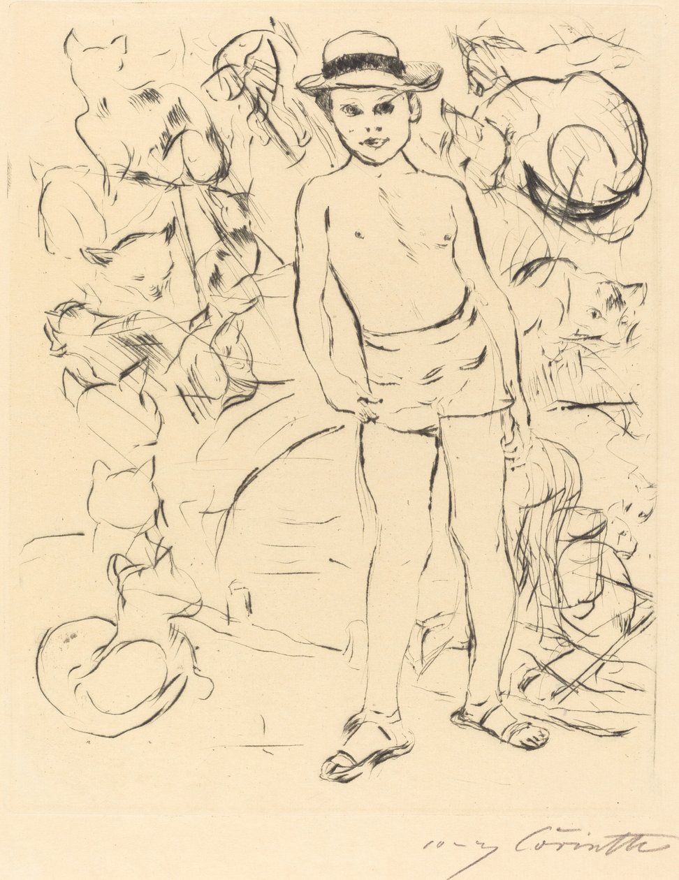 Menino vestindo calção de banho e chapéu de palha de Lovis Corinth