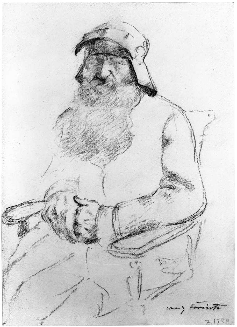 Velho barbudo sentado com um elmo do século XVI, visto de frente (estudo para Götz von Berlichingen) de Lovis Corinth