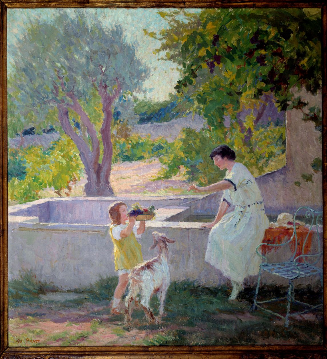 Madame Prat e sua filha no jardim com o cabrito Pintura de Joseph Loys Prat (1879-1934), século XX. Presidente da Câmara de Donzere. de Loys Prat
