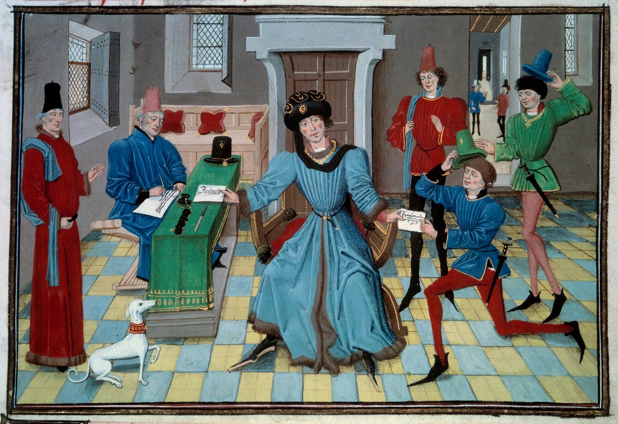 Chegada de um mensageiro em miniatura do manuscrito "Renaud de Montauban" ou "Les quatre fils Aymon" de Loyset Liedet (activo entre 1448 e 1478). Sra. 5073. Bibliotheque de l