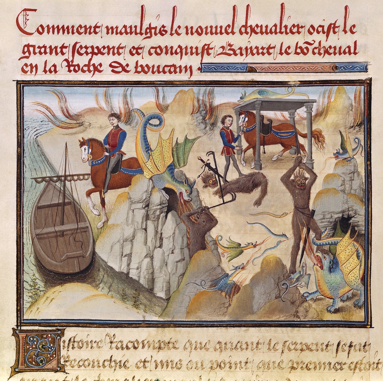 Ms 5072 fol.37v Maugis Lutando contra a serpente e ganhando o cavalo encantado, Bayard, do ciclo de Renaud de Montauban de Loyset Liedet