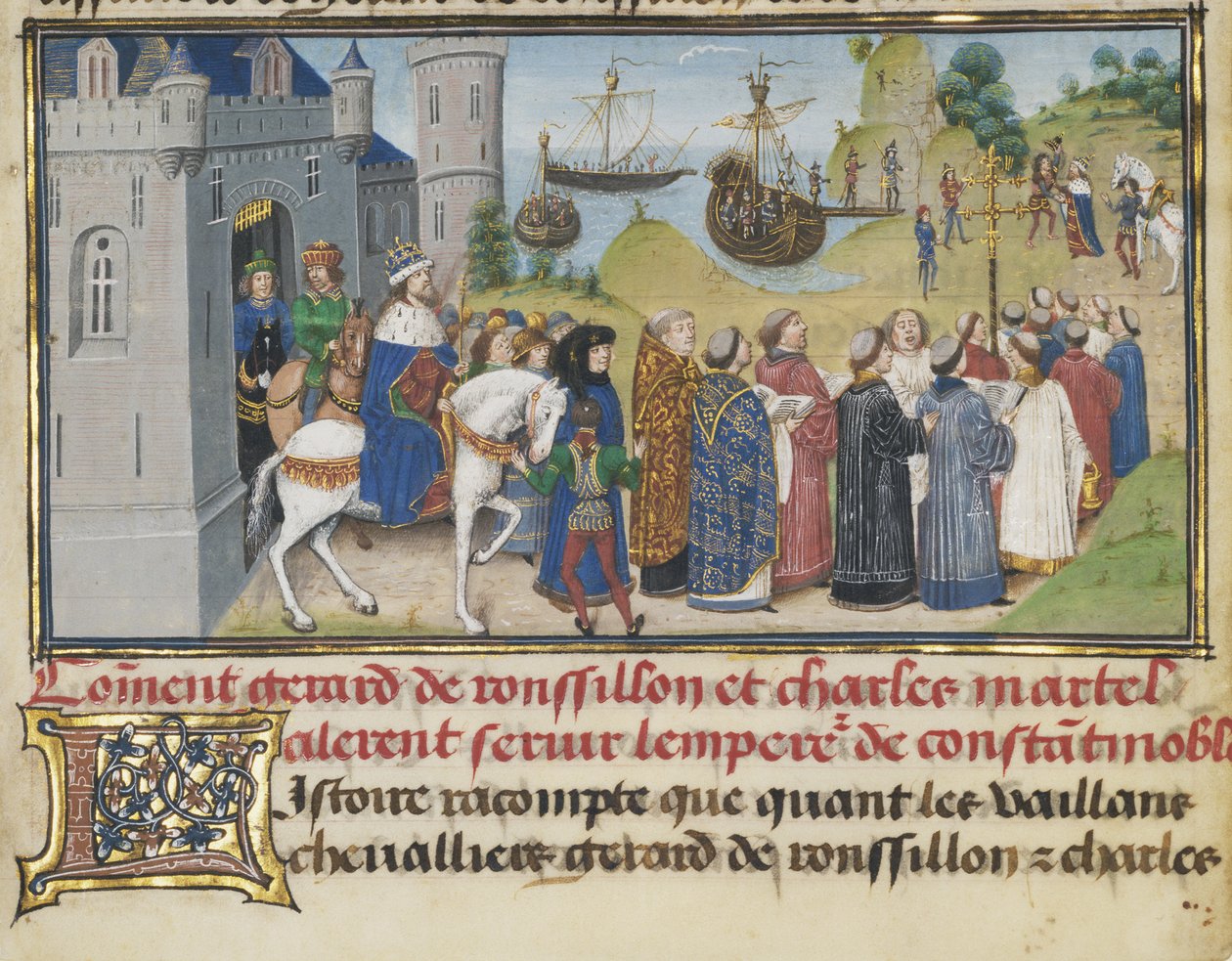 O imperador bizantino acolhendo Roussillon e Martel, 1468-1470 de Loyset Liedet