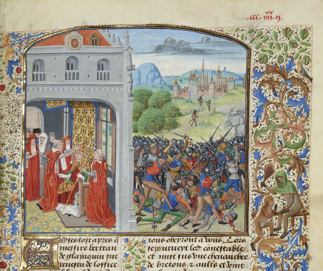 A coroação do Papa Gregório XI e a Batalha de Pontvallain, 1370, ca 1470-1475. de Loyset Liedet