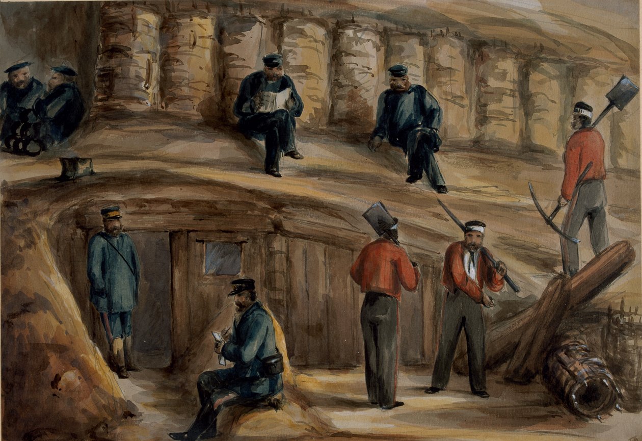 Atiradores do Regimento Real de Artilharia descansando nas trincheiras de Sebastopol, c.1855 de Lt. Henry James Alderson