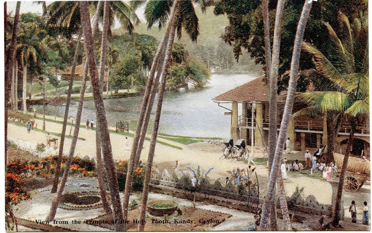 Vista do templo do dente sagrado, Kandy, Ceilão, c.1900-20 (fotografia colorida à mão) de Ltd. Ceylon Plâté