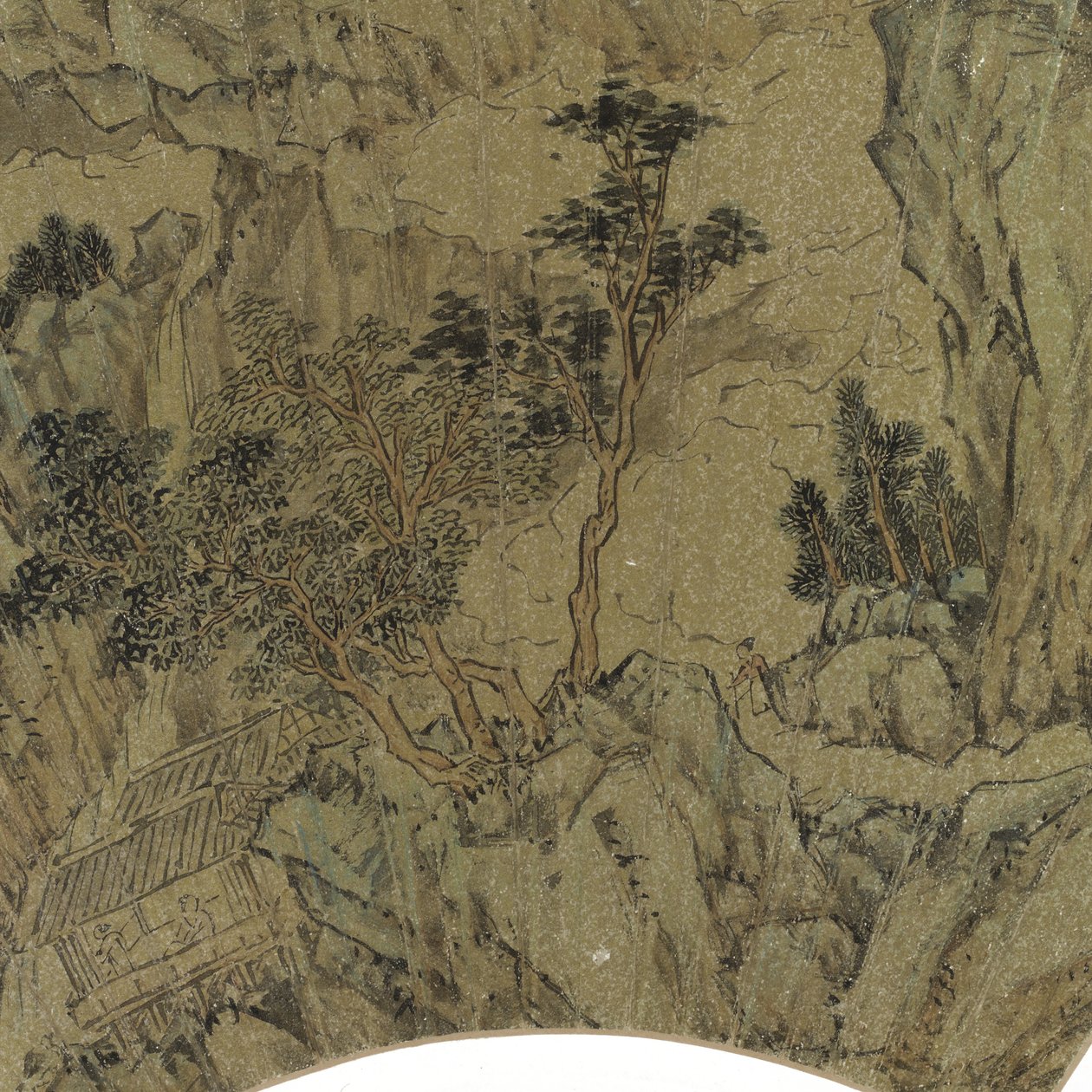 Detalhe, de, paisagem, com, lago, montanhas, e, figuras, em, casa verão, c.1540, tinta, &, cores, ligado, papel ouro de Lu Zhi