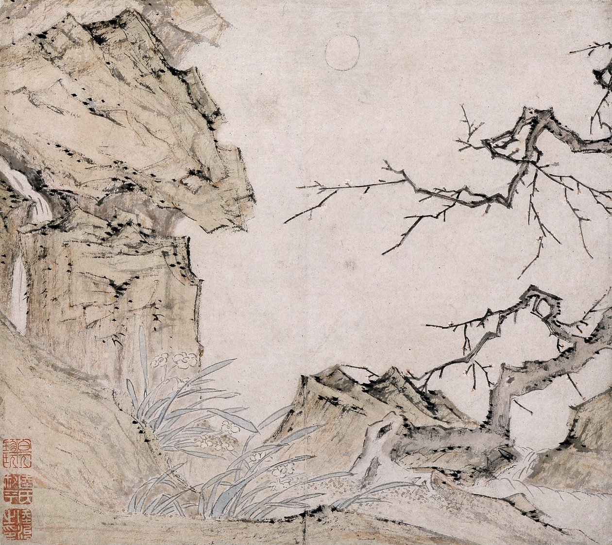 Narciso, Ameixoeira Numa Paisagem (tinta e cor sobre papel) de Lu Zhi