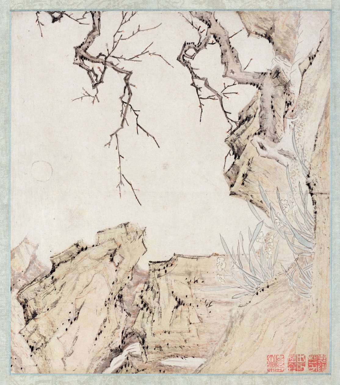 Narciso, Ameixeira e Paisagem (tinta e cor sobre papel) de Lu Zhi