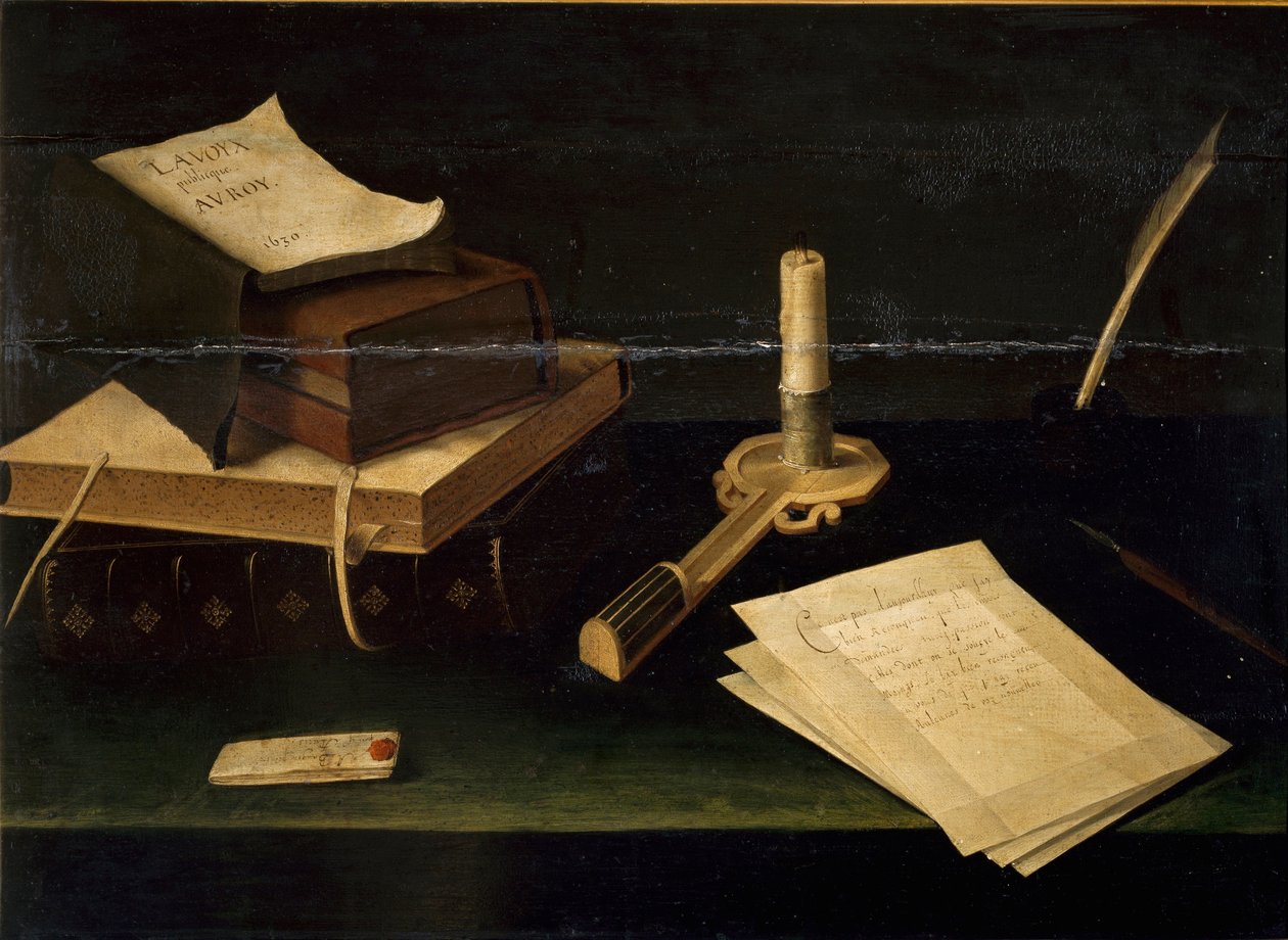 Natureza Morta de Livros, Pena, Carta e Pintura de Velas de Lubin Baugin (1610-1663) Século XVII Roma Galleria Spada de Lubin Baugin