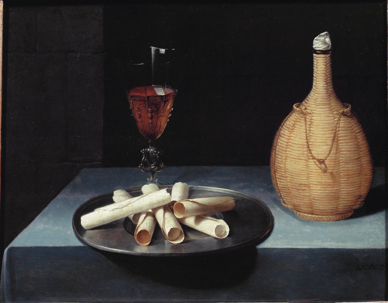 A sobremesa de bolachas, garrafa de vinho e copo - óleo sobre tela de Lubin Baugin